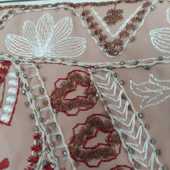 VERTE Embroidered Mini Skirt Pleather Faux Leather Pink Boho Chic Large - Picture 5 of 11